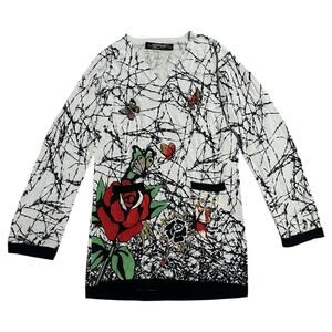 Vtg Ed Hardy By Christian Audigier Women’s L Rose Butterfly V-Neck Sweater
